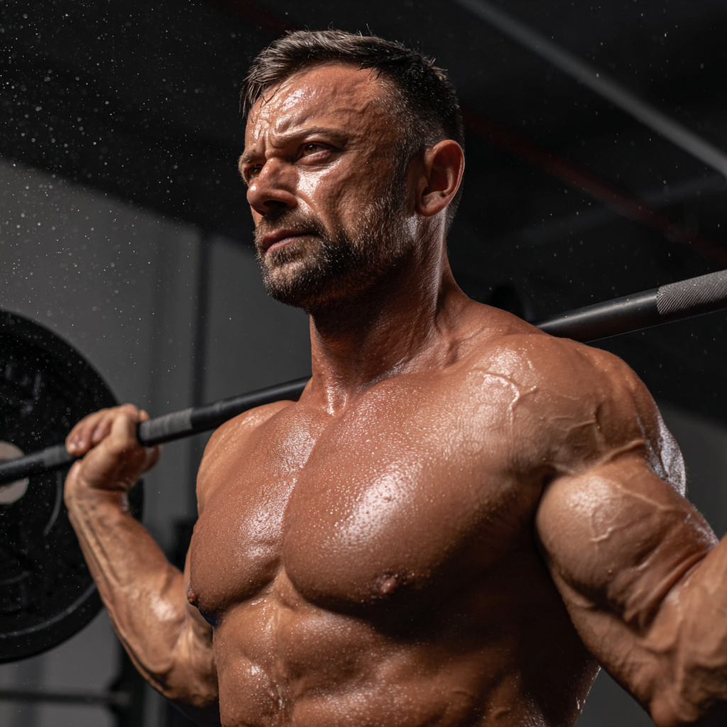 Чоловік тренується з гантелями